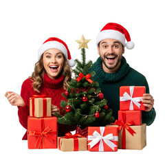 happy couple with christmas presents isolated on white background