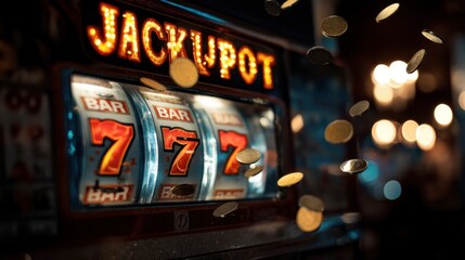 A busy casino scene shows a slot machine with a jackpot win as golden coins scatter around. Players enjoy the thrill of winning surrounded by bright lights and lively sounds.