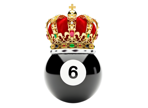 Black number six billiard ball wearing a royal crown isolated on transparent background