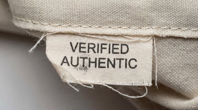 Cream fabric label displaying "verified authentic" text is stitched onto material.