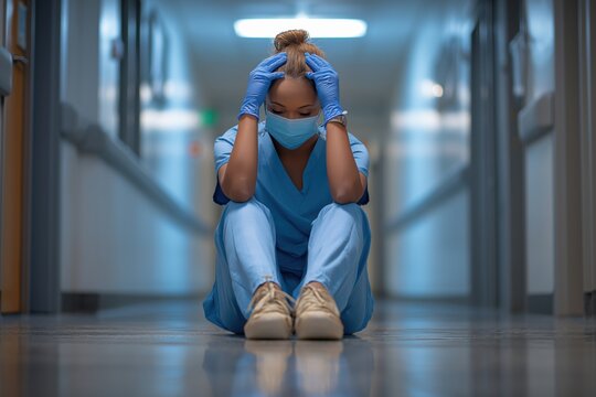 Overwhelmed Nurse in Scrubs Sits on Hospital Floor in Despair