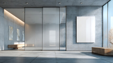 modern office space with frosted glass sliding doors and a clean blank panel on a concrete wall offering a bright contemporary setting suitable for signage branding and informational displays