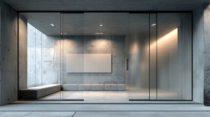 modern office space with frosted glass sliding doors and a clean blank panel on a concrete wall offering a bright contemporary setting suitable for signage branding and informational displays