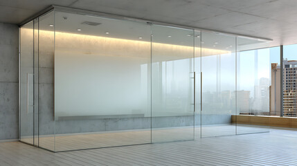 modern office space with frosted glass sliding doors and a clean blank panel on a concrete wall offering a bright contemporary setting suitable for signage branding and informational displays
