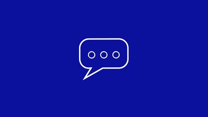 Minimalist white outline speech bubble message icon with three dots indicating ongoing conversation or thinking on a solid blue background