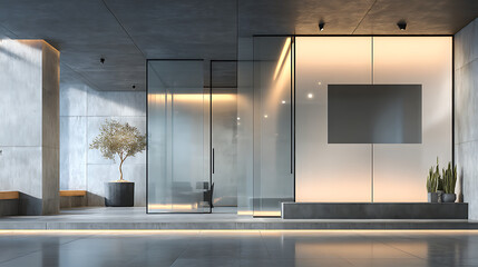 modern office space with frosted glass sliding doors and a clean blank panel on a concrete wall offering a bright contemporary setting suitable for signage branding and informational displays