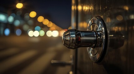 City street at night with a close-up of a door handle reflecting vibrant lights