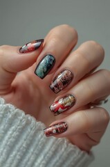 Elegant nail art design with vibrant colors and creative patterns