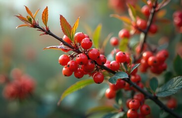 Red berries grow on branch with green, orange leaves. Ornamental plant seen in autumn fall season. Vibrant natural seasonal beauty. Small fruit clusters decorate outdoors garden. Close up shows vivid