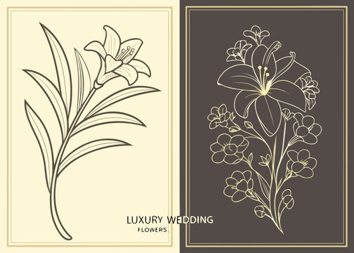 
luxury wedding flowers lily botanical line art elegant invitation card design two versions cream and dark