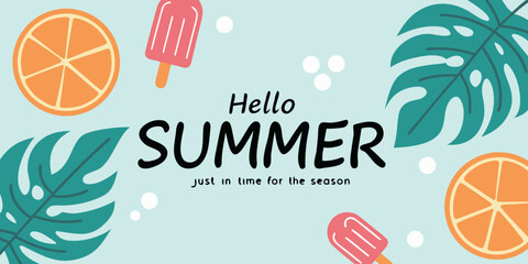 hello summer banner with tropical leaves orange slices popsicles on light blue mint background illustration