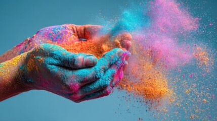 Hands covered in bright colored powders release vibrant clouds of color into the air capturing the essence of joy and artistic expression during a festive event.