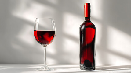 red wine glass and bottle showcased in a clean minimal environment with natural lighting that enhances shadows and creates a serene modern aesthetic focused on beverage elegance