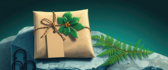 Gift wrapped in rustic paper with greenery on a stone surface