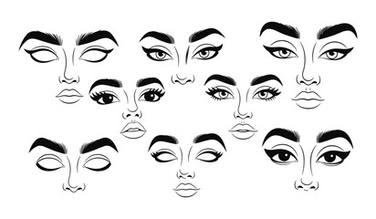 Black and White Line Art Illustrations of Diverse Female Eyes and Lips Keywords: eyes, lips, face, female, woman, beauty, makeup, eyeliner, mascara, eyelashes, eyebrows, wink, expression, fashion