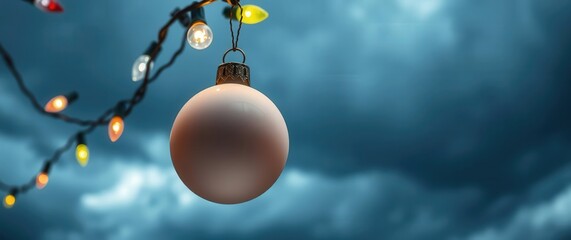 Decorative ornament hanging from colorful lights under a dark cloudy sky