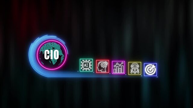 CIO shows glowing neon line banner of  concept with icons of responsibility, customers, integrity, goals, teamwork, commitment and innovation on virtual screen. technology background