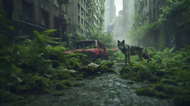Destroyed ruins abandoned buildings apocalypse scene of city. A detailed, realistic portrayal of a wolf standing amidst a lush, verdant forest. The wolfs fur is intricately detailed.