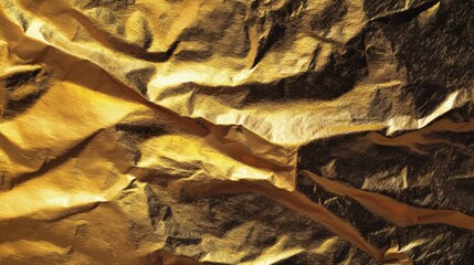 Shiny crinkled gold foil lays flat reflecting light in various ways. The texture creates interesting shadows and highlights across the surface adding depth to its appearance.