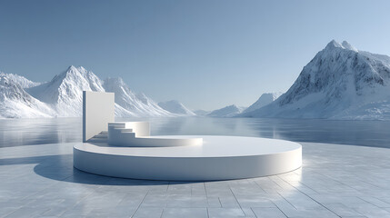 modern winter product presentation setup featuring a floating white podium in an arctic environment, frozen lakes, snow peaks, and soft light blending into a pure minimal background aesthetic