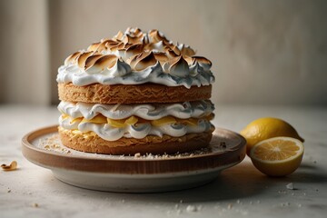 Lemon meringue cake decorated with toasted meringue and fresh lemons on a wooden plate