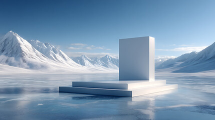 modern winter product presentation setup featuring a floating white podium in an arctic environment, frozen lakes, snow peaks, and soft light blending into a pure minimal background aesthetic