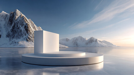 modern winter product presentation setup featuring a floating white podium in an arctic environment, frozen lakes, snow peaks, and soft light blending into a pure minimal background aesthetic