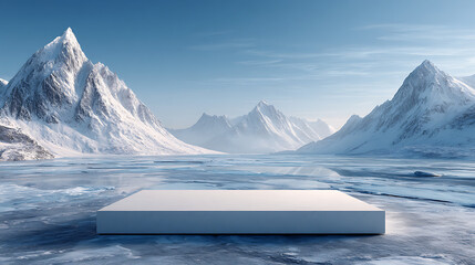modern winter product presentation setup featuring a floating white podium in an arctic environment, frozen lakes, snow peaks, and soft light blending into a pure minimal background aesthetic