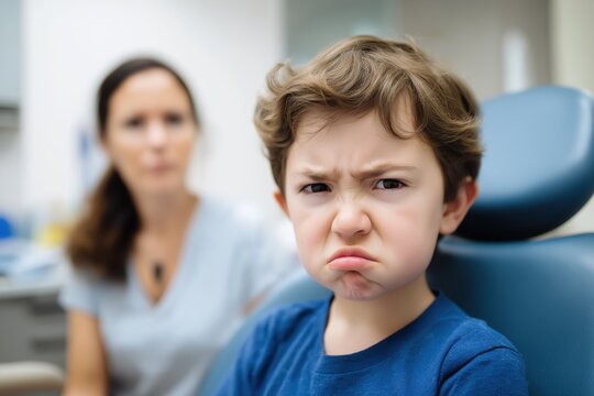 Angry little boy frowning at the dental clinic