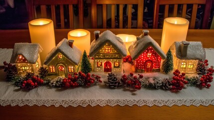 a christmas table centerpiece decoration, featuring cozy little houses with lights and snow on top