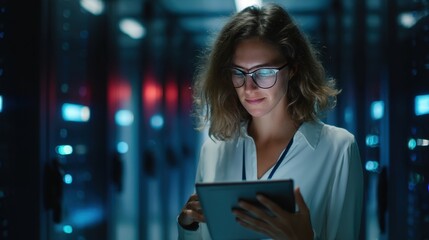 A woman in glasses focuses on her tablet while standing among server racks in a data center. The room is dimly lit highlighting the technology around her as she works.