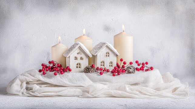 a christmas table centerpiece decoration, featuring cozy little houses with lights and snow on top - Powered by Adobe