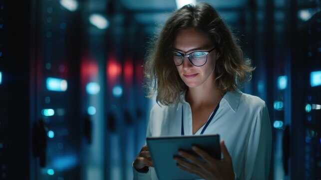 A woman in glasses focuses on her tablet while standing among server racks in a data center. The room is dimly lit highlighting the technology around her as she works.