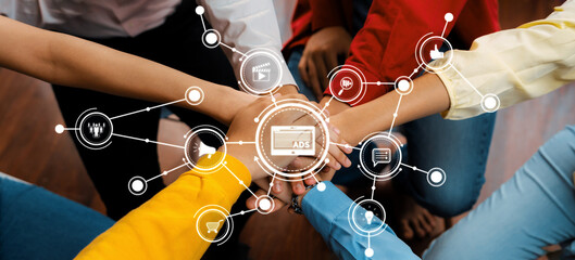 Captivating image depicting hands coming together in a collaborative workspace, symbolizing digital communication and teamwork, representing unity and innovation. Amity