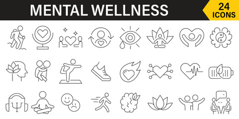 Mental wellness line icon set. Psychology, containing depression, panic, mindfulness, meditation, and more symbols pack. Vector illustration.