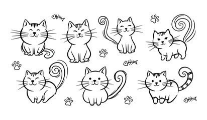 Cute Hand Drawn Cats With Fishbones And Paw Prints In Sketchy Style kitten feline