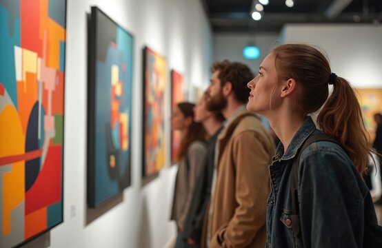 People observe colorful abstract paintings on gallery wall. Friends admire modern art in exhibition hall. Visitors view artwork, enjoying creative display of canvas.