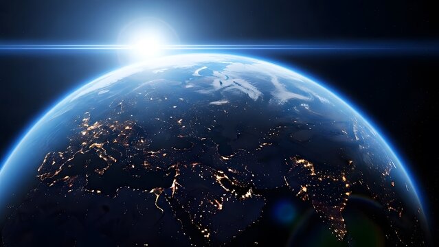 Earth from space with city lights and sun flare