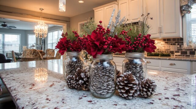 a festive winter centerpiece with pine cones, red berries - Powered by Adobe