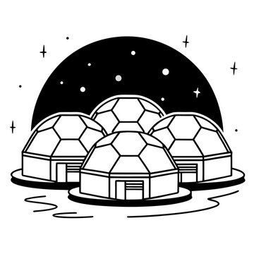 Futuristic geodesic dome settlement under a starry night sky with a large celestial body overhead