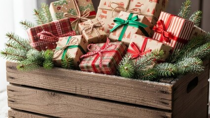 Beautifully wrapped Christmas presents in rustic wooden box with evergreen sprigs for festive holiday campaigns and seasonal promotions