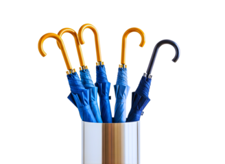 Collection of closed blue umbrellas with one black umbrella isolated on transparent background