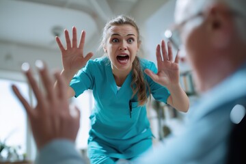 Terrified young nurse recoiling from an angry patient
