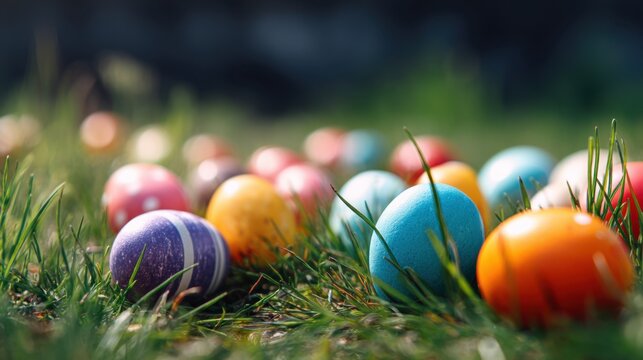 A vibrant assortment of decorated Easter eggs sits on lush green grass. The scene shows a sunny spring day perfect for an outdoor egg hunt fun and excitement.