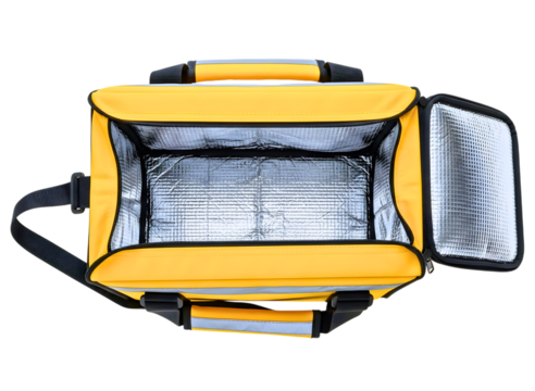 Open yellow insulated cooler bag with reflective interior isolated on transparent background