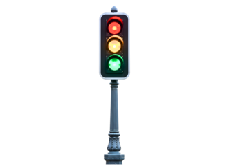 Traffic light with red yellow and green lights illuminated isolated on transparent background