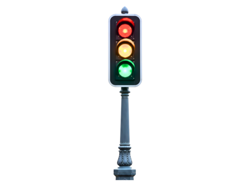 Traffic light with red yellow and green lights illuminated isolated on transparent background