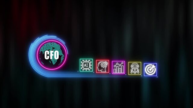 CFO shows glowing neon line banner of  concept with icons of responsibility, customers, integrity, goals, teamwork, commitment and innovation on virtual screen. technology background