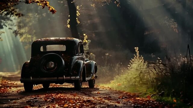 A vivid, sunlit forest scene with a vintage car in the foreground. The car is a classic model, possibly from the early to mid20th century, with a dark, weathered appearance.