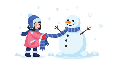 A cute little girl in warm winter clothes happily puts a striped scarf on a snowman. A charming vector illustration of a child enjoying a snowy day and outdoor activity